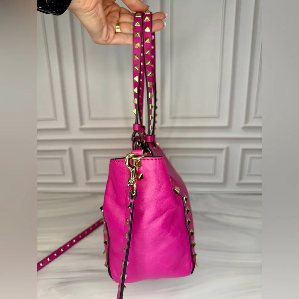 Valentino Garavani Pink Rockstud Leather Tote with Gold Hardware
